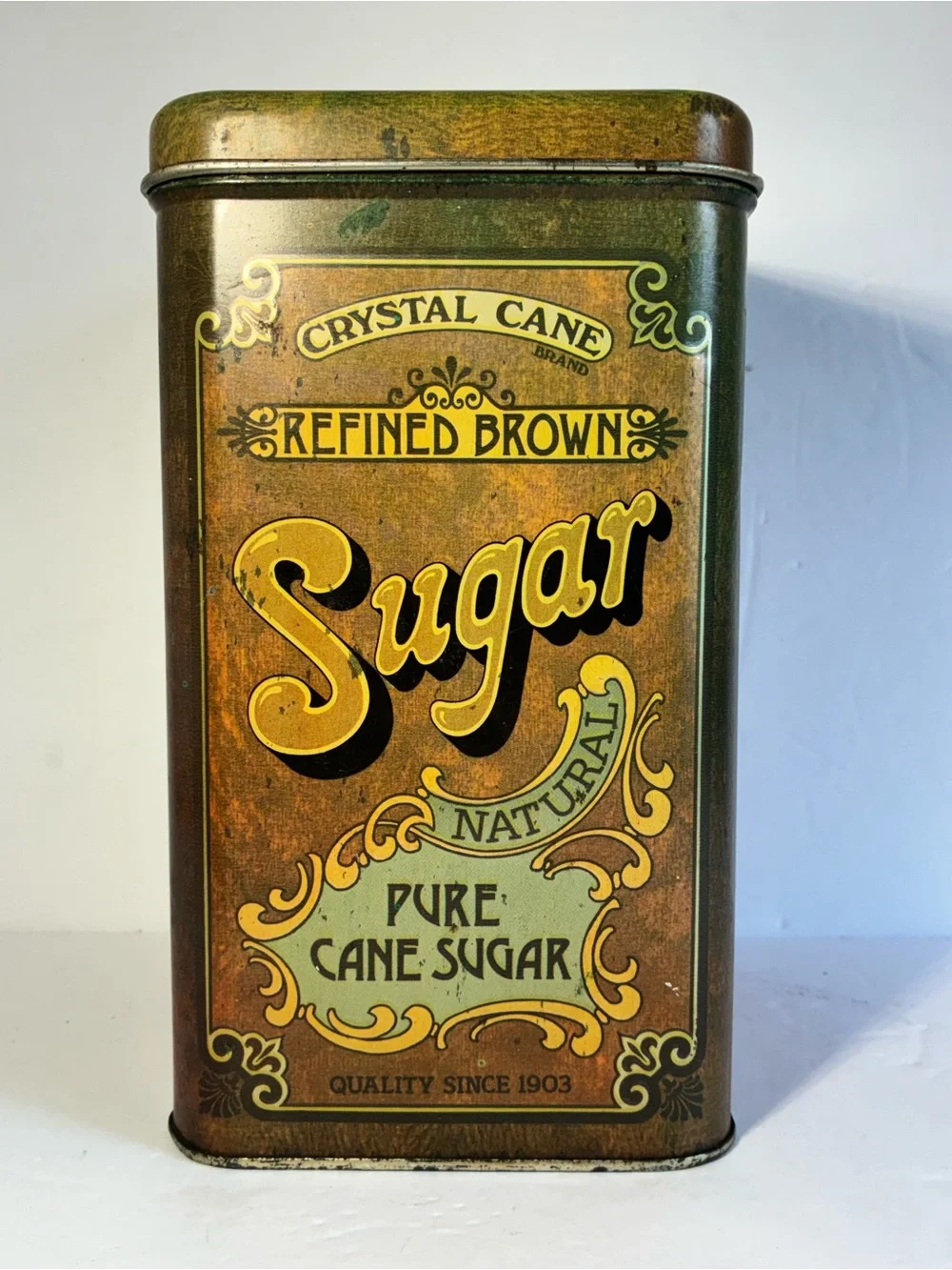 Vintage CHEINCO Crystal Cane Sugar Tin Canister 1970s Brown Pure Cane Sugar